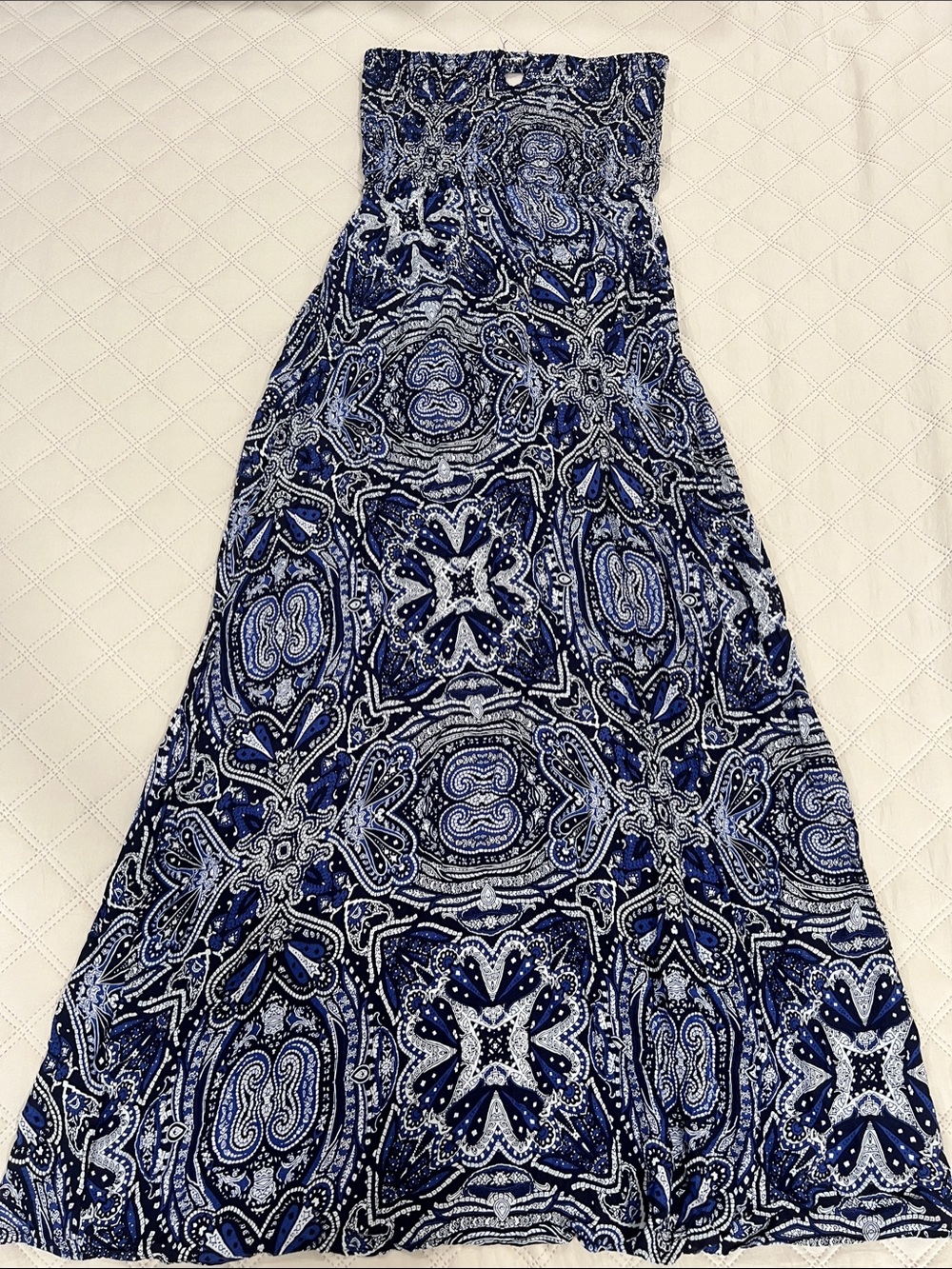 Strapless Blue Paisley Maxi Dress